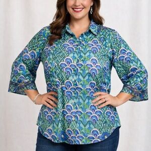 Antics Sartorial by Giacomo Cinque Italian Blouse - Blue Green Art Deco Print -M